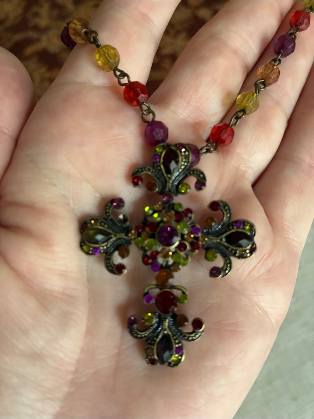 VCLM Victorian Faceted Beads Rhinestone Ornate Cross Pendant Necklace